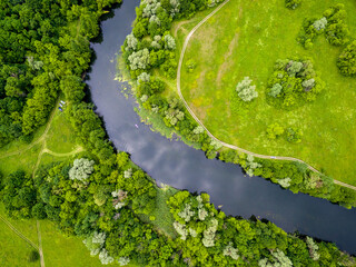 Aerial view to summer forest and river Seversky Donets