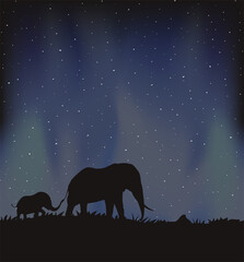 Fototapeta na wymiar Design of elephants walking in the night