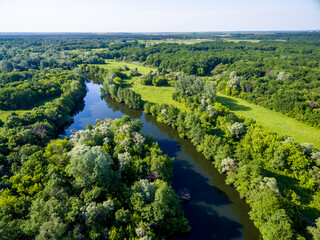 Aerial view to summer forest and river Seversky Donets