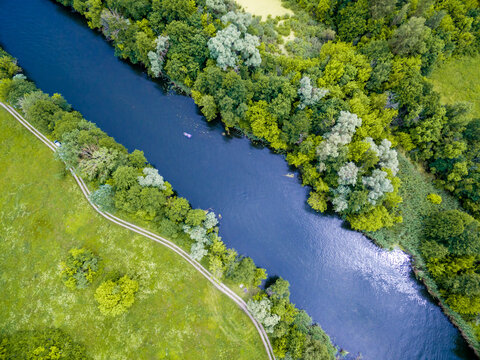 Aerial view to summer forest and river Seversky Donets