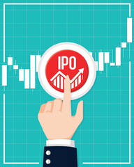 IPO or Initial Public Offering corporate stock market, company growth concept. Design by financial charts elements and business man push the button. Vector illustration of startup investment