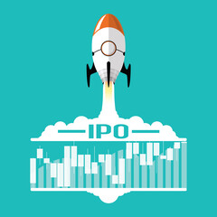 IPO or Initial Public Offering corporate stock market, company growth concept. Design by financial charts elements and rocket flying. Vector illustration of startup investment and strategy style
