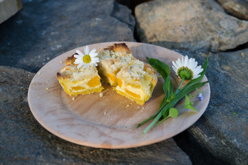 fruit cake on a wooden plate outside on stones decorated with daisy