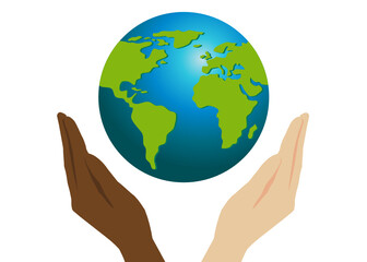 There’re two different color hands holding a world global warmly. The globe is fresh green and blue. Concept about earth, world, environmental, people, planet and etc. All lives matter.
