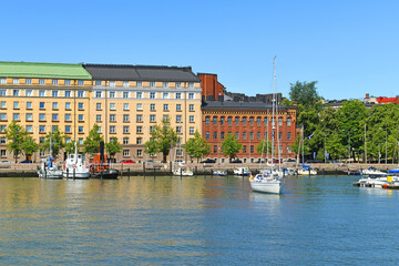 Pohjoisranta embankment, old harbor with ships and yacht. Helsinki