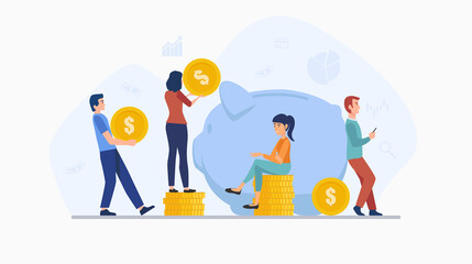 flat icon design concept of people saving money by putting coin in large piggy bank isolated on white color background