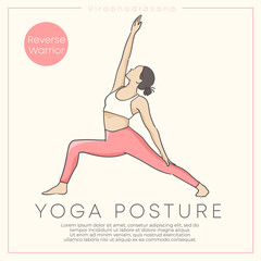 Banner design with hand drawn illustration of healthy young woman practicing yoga in pastel outfit : Vector Illustration