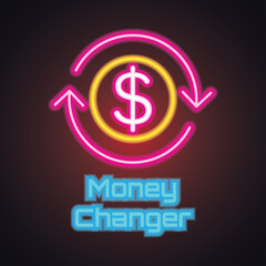 bank and money changer with neon sign effect for bank office, vector illustration