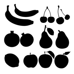 Fruit in a set. Banana, cherry, sweet cherry, pear, pomegranate, lemon, apples. Vector image.