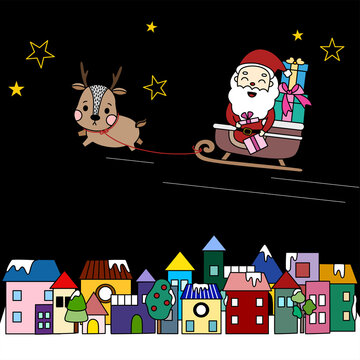 Santa Claus is riding sleigh with his reindeer in the midnight sky among shining star comes and gives presents to colorful town
