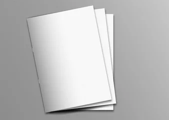 Deurstickers A4 Multiple brochure magazine stacked white cover mockup on grey background, pinned book, flat lay, add your design © superimages