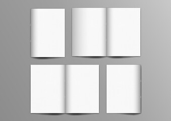 A4 Brochure magazine white mockup set on grey background, pinned book, flat lay, add your design