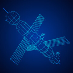 Space station communications satellite. Wireframe low poly mesh vector illustration.