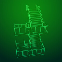 Wireframe stairs, interior staircases steps with railing. Wireframe low poly mesh vector illustration.