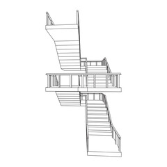 Wireframe stairs, interior staircases steps with railing. Wireframe low poly mesh vector illustration.