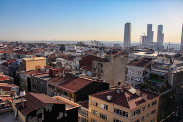 Looking towards downtown, a drone captures an aerial picture of a modern neighborhood in Istanbul, Turkey.