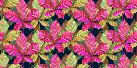Fototapeta na wymiar Pink and yellow-green horse chestnut (Aesculus hippocastanum or conker tree) leaf, hand painted watercolor illustration seamless pattern design on dark background