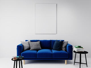 white vertical empty mock-up picture frame on white wall, above blue sofa, 3D background concept illustration