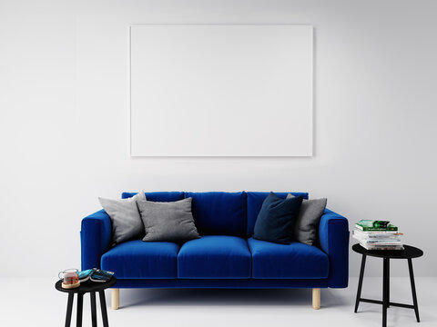 white horizontal empty mock-up picture frame on white wall, above blue sofa, 3D background concept illustration