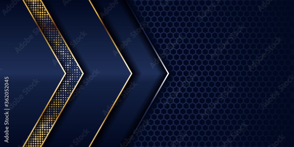 Poster luxury navy blue and overlap layer textured background combine with glowing golden lines