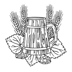 Wooden beer mug, wheat and hop on the background. Hand drawn outline vector sketch illustration. Black on white background