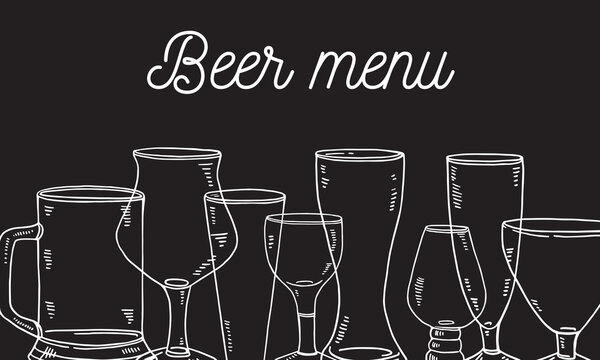 Beer menu cover print template. Glasses on the bottom of the page. Hand drawn outline vector sketch illustration on blackboard background