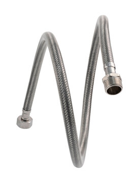 Flexible connection hose. Plumbing hose in a steel braid and covered with silicone. Isolated on a white background.