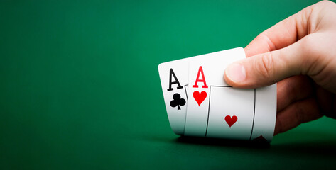 playing cards on a green table casino with copy space