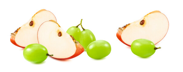 Red apple slices and green grapes isolated on white background. Package design element with clipping path