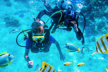 divers training underwater near coral reefs