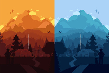 Vector illustration of a beautiful landscape day and night. Night in the mountains. Full moon. Sunset. A traveler goes to the forest with his dog in the house. Nature in the vector. Background.