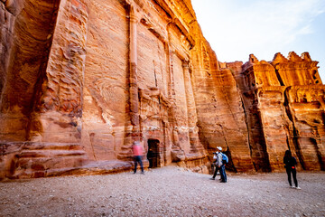 Entrance of underground ancient rock carving, royal tomb in Petra, Jordan.
