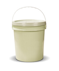 White plastic bucket for food products, paint. 900 ml, 5 kg. The selected path. Packaging mockup template. Front view, handle up. Isolated on white background.