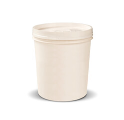 White plastic bucket for food products, paint. 900 ml, 5 kg. The selected path. Packaging mockup template. Front view, handle up. Isolated on white background.
