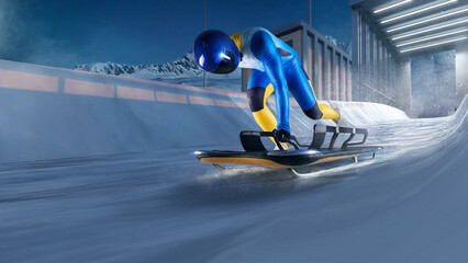 Skeleton sport. Bobsled. Luge. The athlete descends on a sleigh on an ice track. Winter sports.