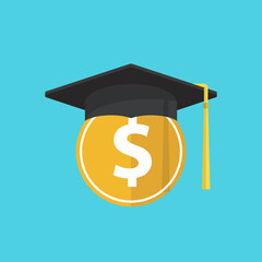 Education and money vector illustration, flat cartoon graduation hat and coin, concept of scholarship cost or loan, tuition or study fee, value of student knowledge, learning success