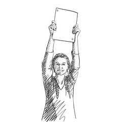 Happy woman showing blank banner in hands raised up. Vector sketch, Hand drawn illustration