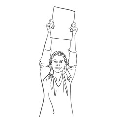 Happy woman showing blank banner in hands raised up. Vector sketch, Hand drawn linear illustration