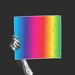 Hand holding LGBT gay pride banner. White with rainbow color sketch on black background, Hand drawn vector illustration