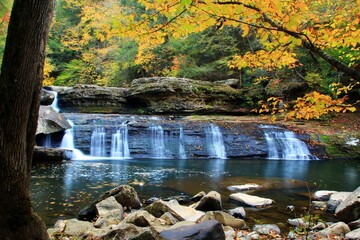 Lower potter falls in Obed national scenic river in Eastern Tennessee during peak falls colors