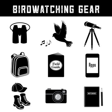 Bird watching gear and equipment icons for the avid birder, binoculars, singing bird, telescope, tripod, day pack, field guide, smart phone with apps, hat, hiking shoes, photo camera, notebook, pencil
