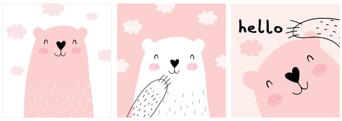Cute Hand Drawn White and Brown Teddy Bear Vector Illustration Set. Lovely Nursery Art with Funny Bunny Dreamy Baby Bear. Fluffy Clouds on a Light Pink and White Background. Kids Room Decoration