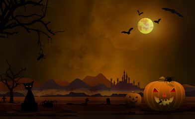 A Halloween illustration in dark orange shades with pumpkin faces, a black cat, bats, and a full moon. In the center with a spooky castle