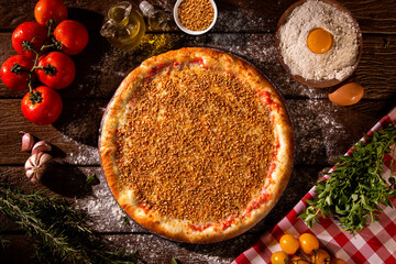 Garlic Pizza. Top view on wood background, close up. Traditional Brazilian Pizza