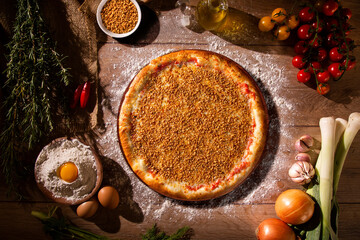 Garlic Pizza. Top view on wood background, close up. Traditional Brazilian Pizza