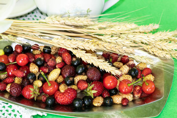 On a green tablecloth is a tray with ripe berries of strawberries, currants, cherries. Ears of wheat lie on top.