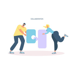 Team work and mutual help vector illustration. Partners, colleagues, people with geometric shapes. Collaboration concept. Coworkers, managers isolated flat characters

