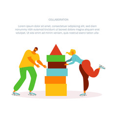 Team work and mutual help vector illustration. Partners, colleagues, people with geometric shapes. Collaboration concept. Coworkers, managers isolated flat characters

