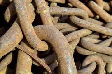 Rusty old chain ropes. Big rusty chains close-up