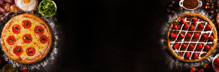 Pizza with broccoli, heart of palm and dried tomato. Top view, close up. Traditional Brazilian Pizza